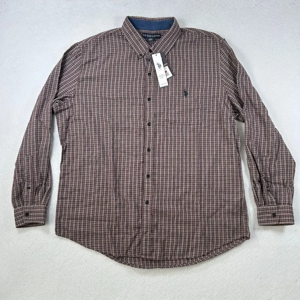 U.S. Polo Assn. Button Down Shirt‎ Mens XXL Maroon Plaid Woven Long Sleeve NWT